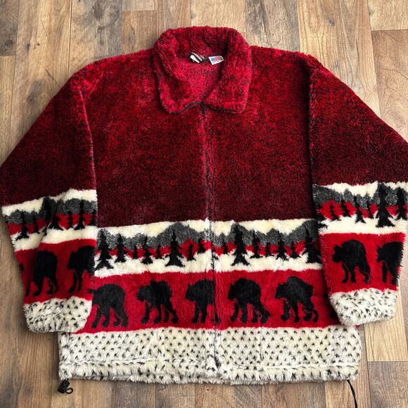 Vintage Mazmania Fleece Jacket Men's Small Red Forrest Bears Pockets AOP 6227 - Picture 1 of 13